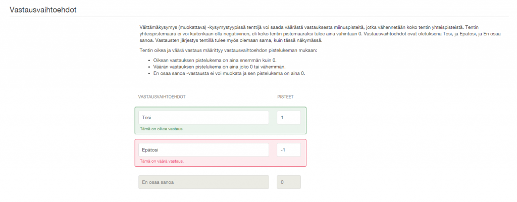 Väittämäkysymyksen vastausvaihtoehdot