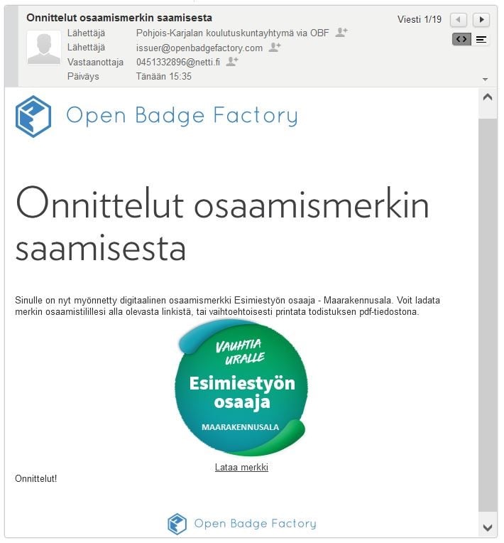 Kuvakaappaus sähköpostiviestistä jossa teksti Onnittelut osaamismerkin saamisesta ja merkin kuva