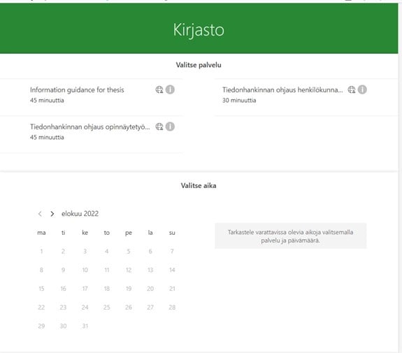 Kuvakaappaus Bookings-järjestelmästä, jossa asiakas voi valita haluamansa palvelun ja ajankohdan.