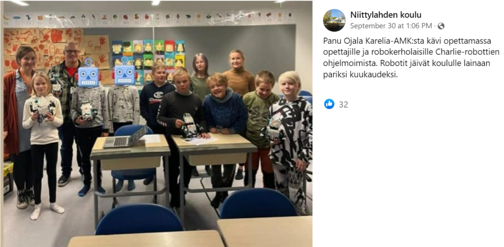 Kuvakaappaus Facebookin päivityksestä jossa koululaisia luokassa