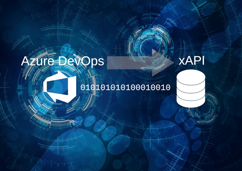 Sinisellä taustallla tekstit Azure DevOps ja Xavi, sekä numerosarja ykkösiä ja nollia