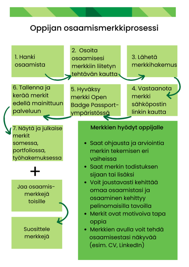 Kaaviokuva oppijan osaamismerkkiprosessist jossa seitsemän vaihetta