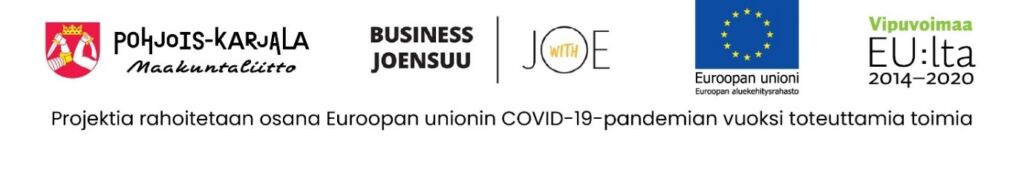 Rakentamisen vihreä siirtymä -hankkeen rahoittajien logot PK maakuntaliitto, Business Joensuu, Euroopan aluekehityrsrahasto