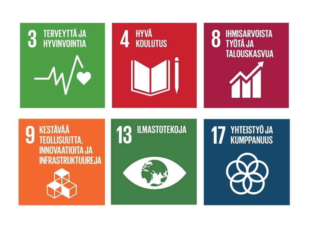 Kuusi ruutua, joissa tekstit: terveyttä ja hyvinvointia, hyvä koulutus, ihmisarvioista työtä ja talouskasvua, kestävää teollisuutta, ilmastotekoja ja yhteistyö ja kumppanuus