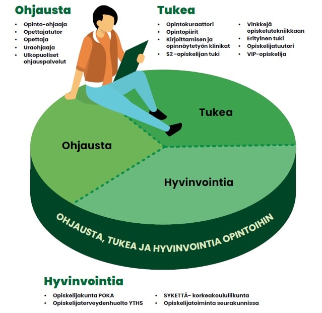 Piirakkakuvio joka koostuu kolmesta palasta: ohjausta, tukea ja hyvinvointia. Piirakan päällä istuu opiskelija