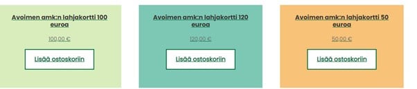 Kolme lahjakortin ostokuvaketta