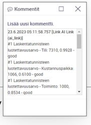 Kuvakaappaus Rondo-ohjelman toiminnasta. Ylhäällä otsikko Kommentit, ja ruutu jossa kommentttitekstejä, esim. "Luotettavuusarvio - 0,853 good