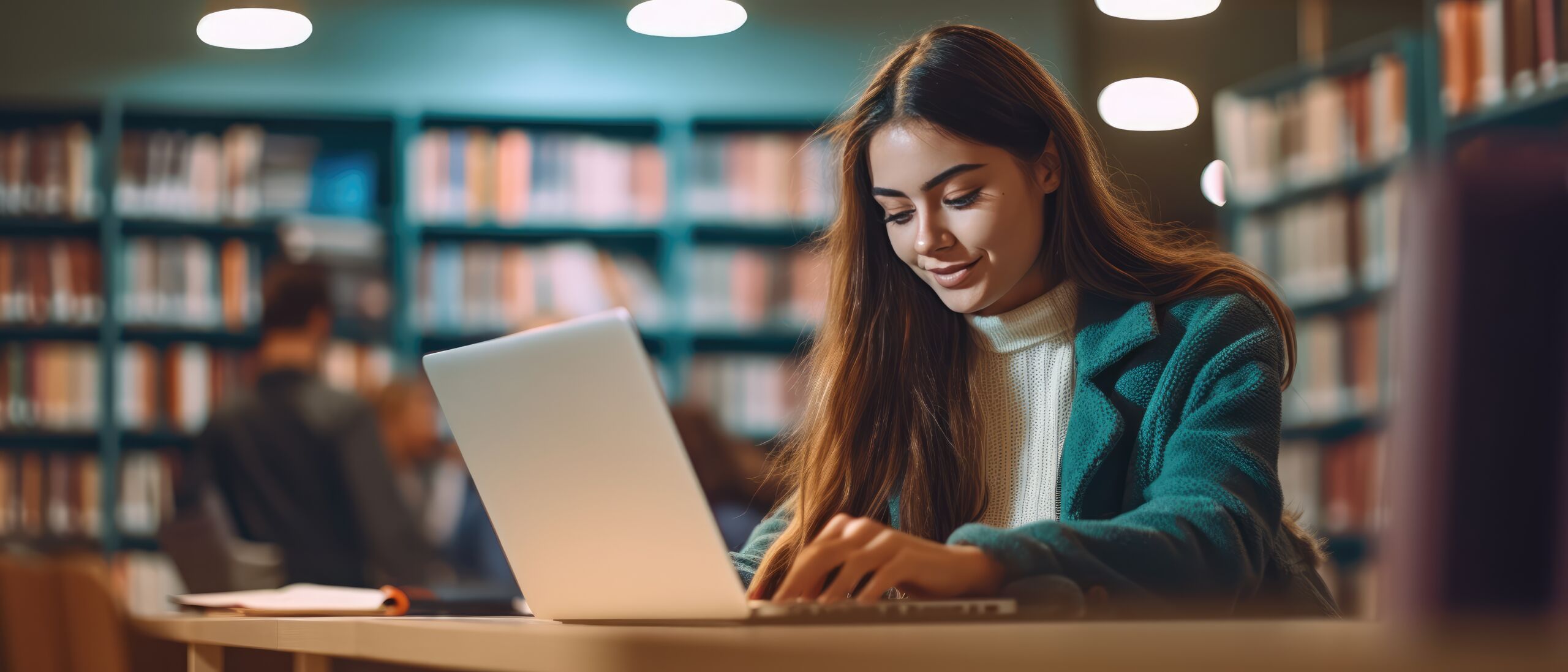 Young woman student study in the school library. She using laptop and learning online, Generative AI