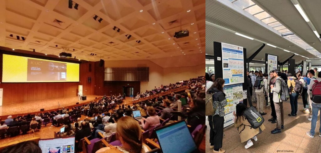 Two photos form UNSW campus, with auditorium full on people and hallway