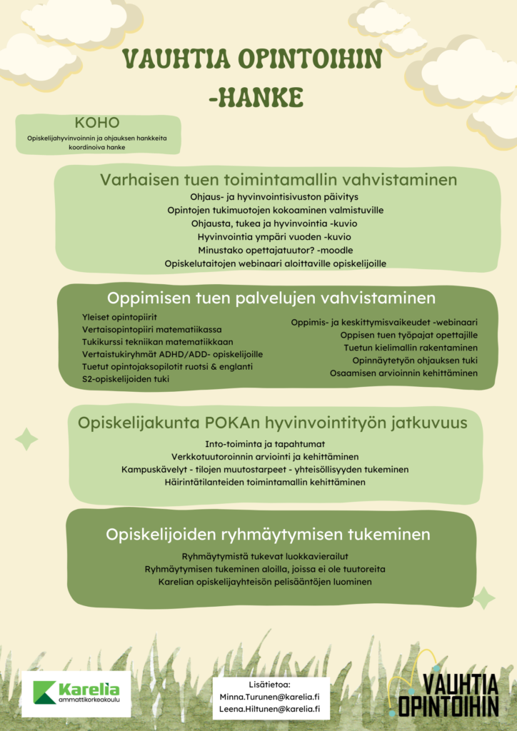 Opiskelijahyvinvoinnin ja ohjauksen hankkeita
koordinoiva hanke
Varhaisen tuen toimintamallin vahvistaminen
Ohjaus- ja hyvinvointisivuston päivitys
Opintojen tukimuotojen kokoaminen valmistuville Ohjausta, tukea ja hyvinvointia -kuvio
Hyvinvointia ympäri vuoden -kuvio Minustako opettajatuutor? -moodle Opiskelutaitojen webinaari aloittaville opiskelijoille
Oppimisen tuen palvelujen vahvistaminen
Yleiset opintopiirit
Vertaisopintopiiri matematiikassa
Tukikurssi tekniikan matematiikkaan
Vertaistukiryhmät ADHD/ADD- opiskelijoille
Tuetut opintojaksopilotit ruotsi & englanti S2-opiskelijoiden tuki
Oppimis- ja keskittymisvaikeudet -webinaari Oppisen tuen työpajat opettajille Tuetun kielimallin rakentaminen Opinnäytetyön ohjauksen tuki Osaamisen arvioinnin kehittäminen
Opiskelijakunta POKAN hyvinvointityön jatkuvuus
Into-toiminta ja tapahtumat
Verkkotuutoroinnin arviointi ja kehittäminen
Kampuskävelyt - tilojen muutostarpeet - yhteisöllisyyden tukeminen Häirintätilanteiden toimintamallin kehittäminen
Opiskelijoiden ryhmäytymisen tukeminen
Ryhmäytymistä tukevat luokkavierailut
Ryhmäytymisen tukeminen aloilla, joissa ei ole tuutoreita Karelian opiskelijayhteisön pelisääntöjen luominen
Karelia
ammattikorkeakoulu
Lisätietoa: Minna.Turunen@karelia.fi Leena.Hiltunen@karelia.fi