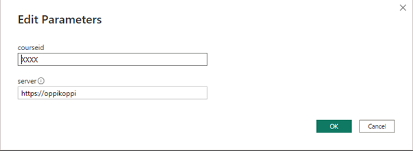 Kuvakaappaus käyttöliittymästä. Otsikko Edit parameters ja laatikot courseid ja server