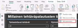 Kuvakaappaus käyttöliittymästä jossa valitaan valikosta kohta Edit parameters