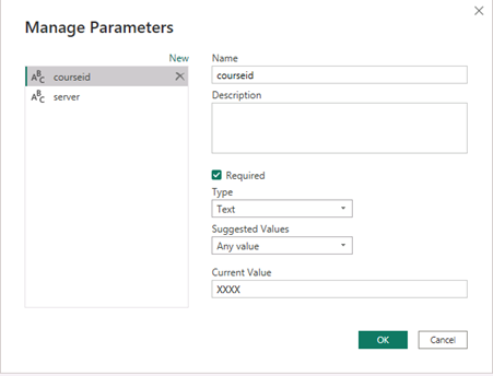 Kuvakaappaus käyttöliittymästä. Otsikko Manage Parameters, täytettävinä kenttinä Name, Description, Type, Suggested Values, Current Value