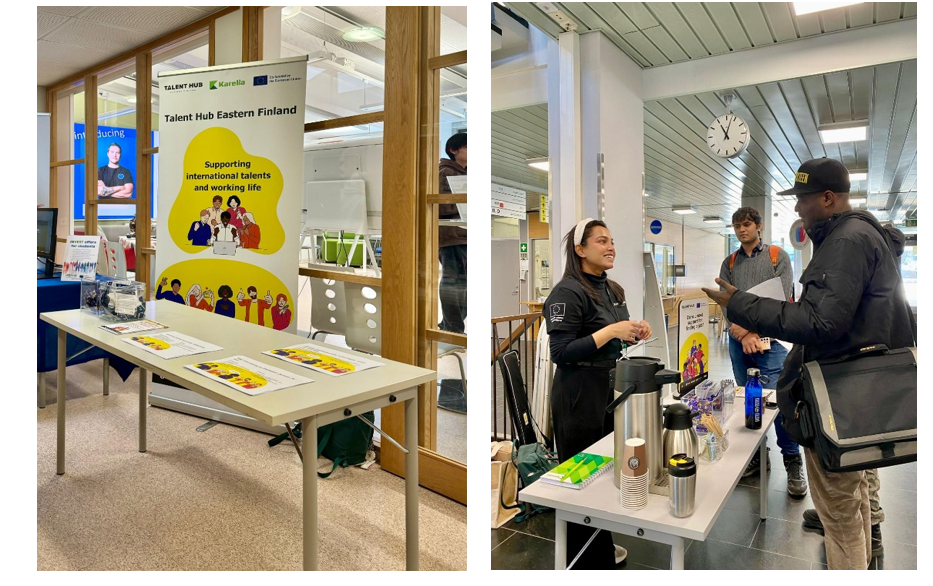 Two photos with a table and TalentHub roll up. A woman serbing coffee for visitors.